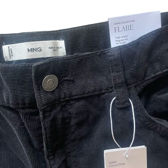 New MNG Black Corduroy High Rise Flare Leg Long Pants Women’s Size 8 EUR 40 Tall - Picture 2 of 5